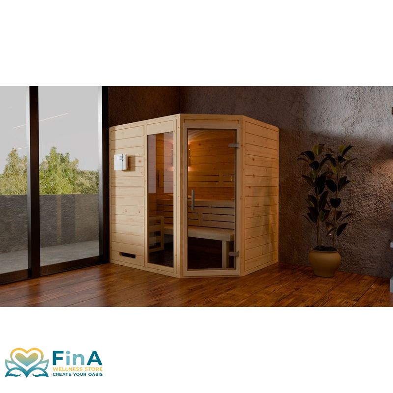 High-quality corner sauna Frieda made of solid wood from FinA Wellness - stylishly integrated into a modern living environment with glass front